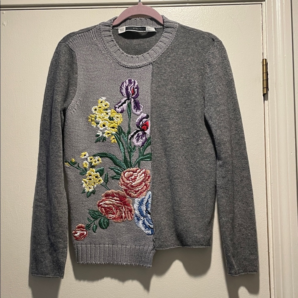 Sportmax Code Fiordo Gray Floral Embroidered Asymmetric Wool Sweater